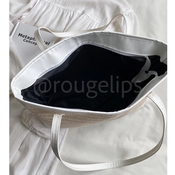 Large Tote Straw Bag Khaki Beige Lined White Faux Leather Details Zipper - Picture 7 of 8